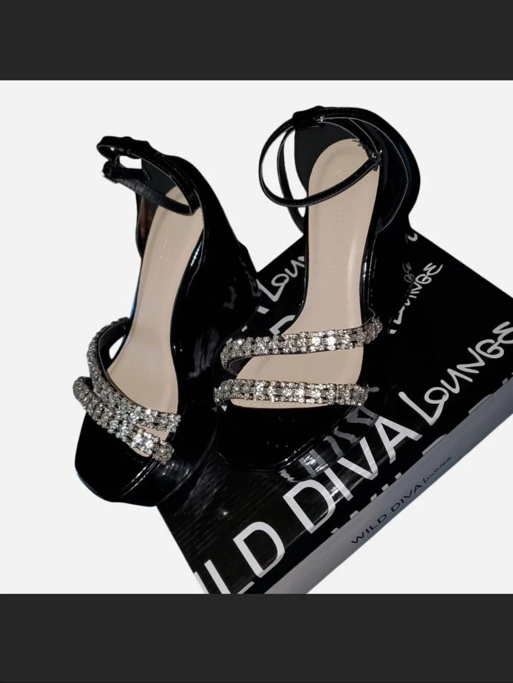 *NEW IN BOX!!!* Black Patent Platform Wedge Heels with Crystal Straps